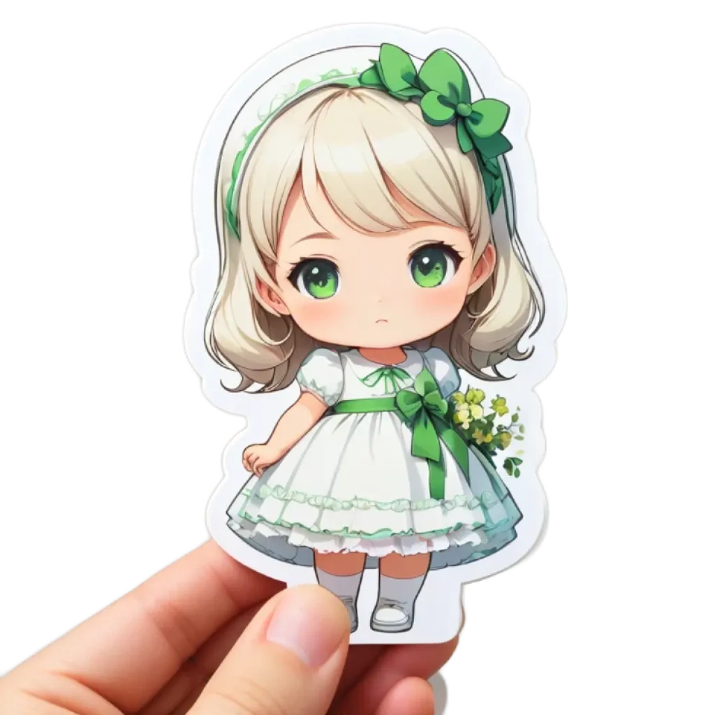 A hand holding a small girl with a dress and flowers.