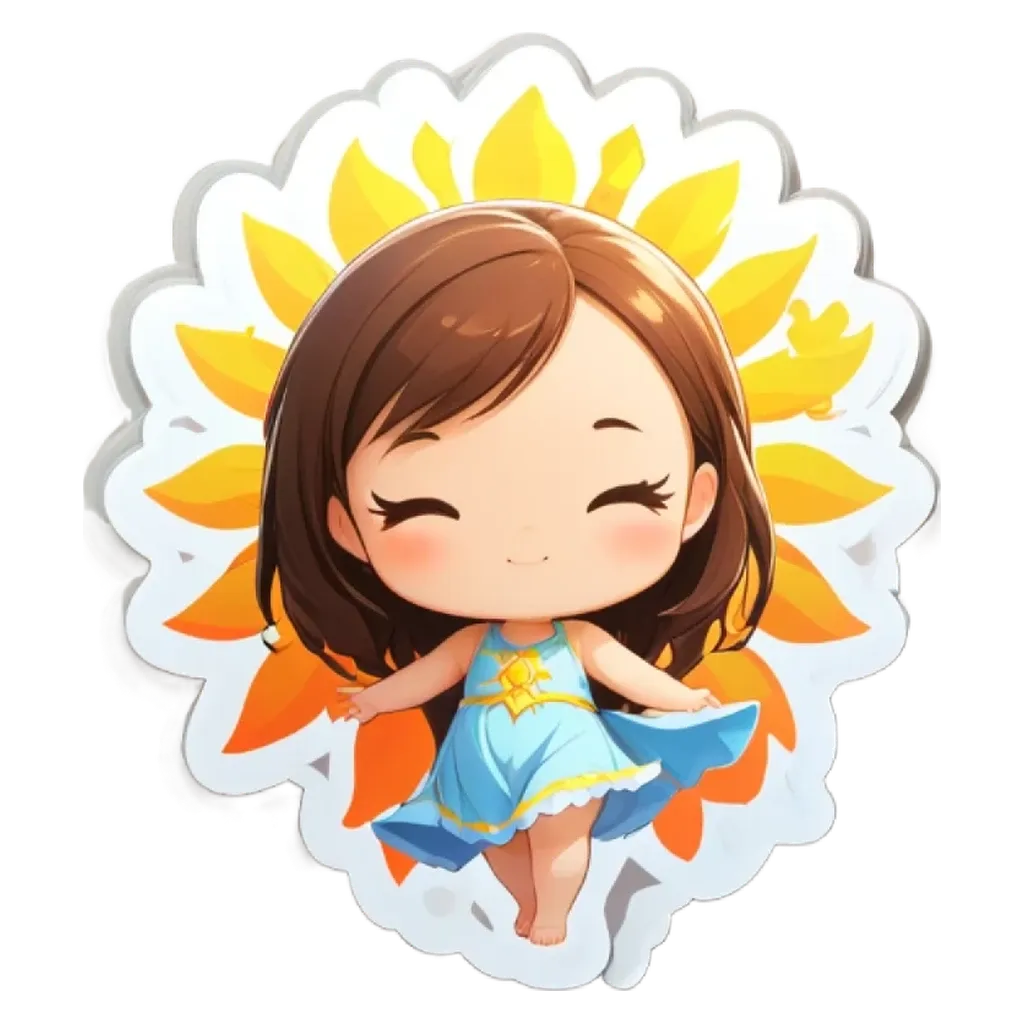 A girl with a blue dress and a sunflower on her head.