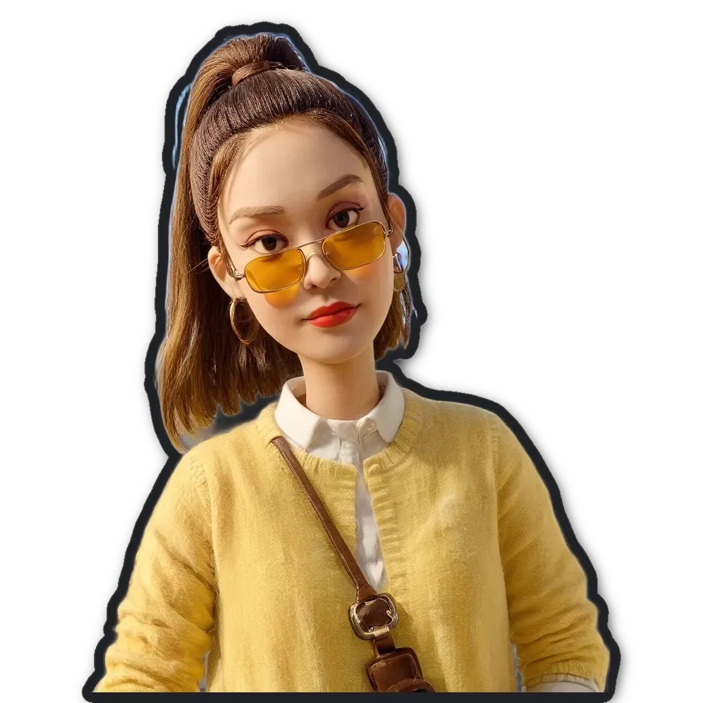 A girl wearing a yellow sweater and glasses stands in front of a black background.