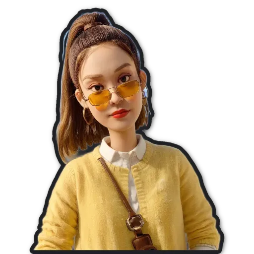 A girl wearing a yellow sweater and glasses stands in front of a black background.