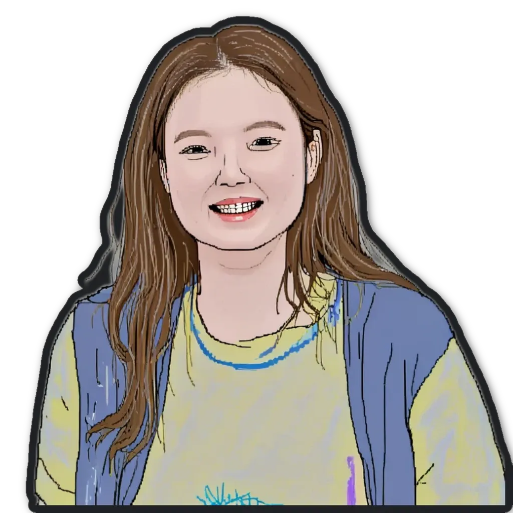 A girl wearing a blue vest and shirt with her picture drawn over her shoulder.