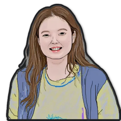 A girl wearing a blue vest and shirt with her picture drawn over her shoulder.