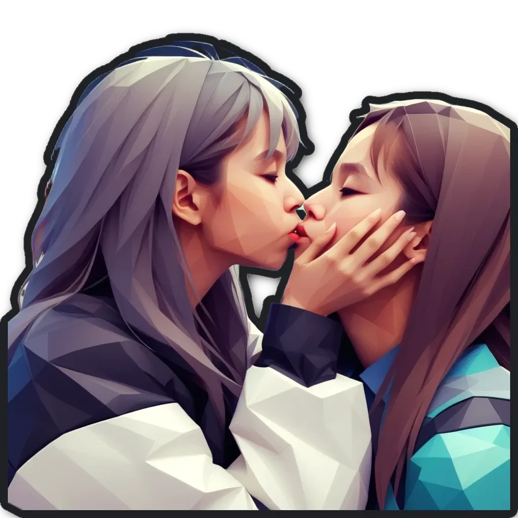 Two girls kissing each other on the lips.