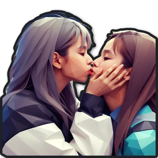 Two girls kissing each other on the lips.