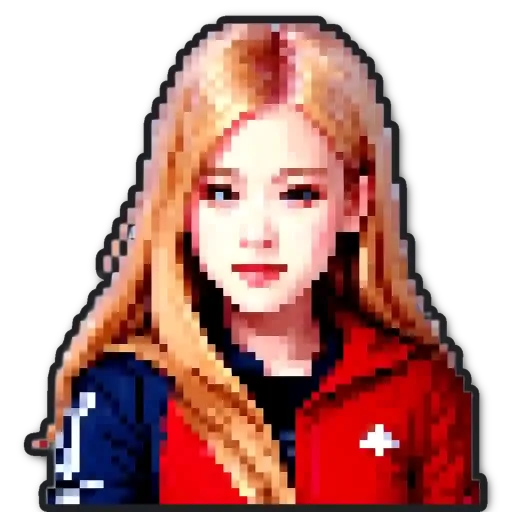 A girl with a blue and red shirt with an x on the front.