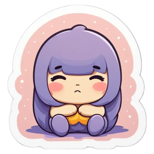 A purple character on a pink background.