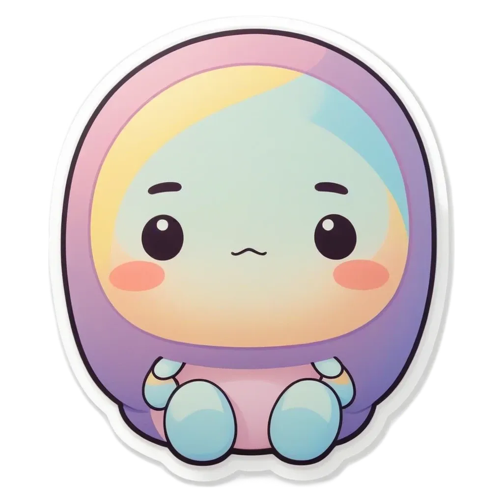 A purple and yellow face with a black nose is sitting on a square sticker.