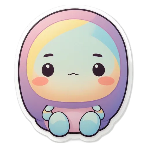 A purple and yellow face with a black nose is sitting on a square sticker.