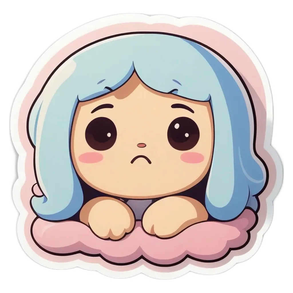 A sad face with blue eyes and pink hair.