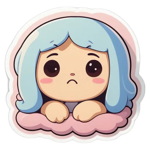 A sad face with blue eyes and pink hair.