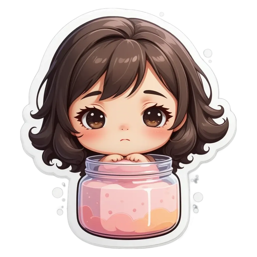 A girl with brown hair looking down with a jar in front of her.