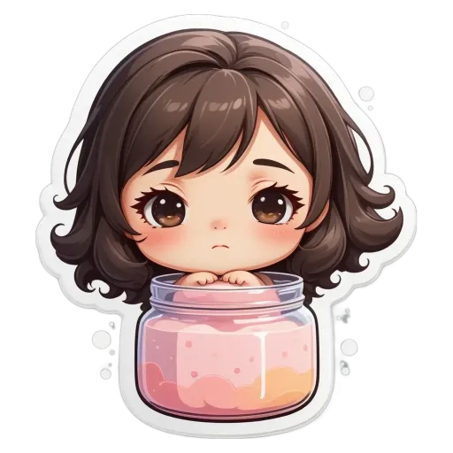 A girl with brown hair looking down with a jar in front of her.