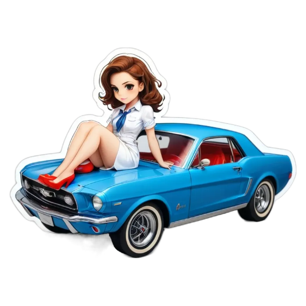 A blue car with a girl in the front seat.