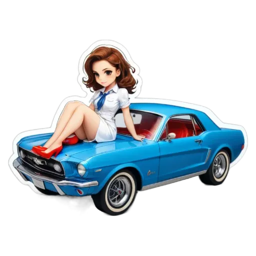 A blue car with a girl in the front seat.