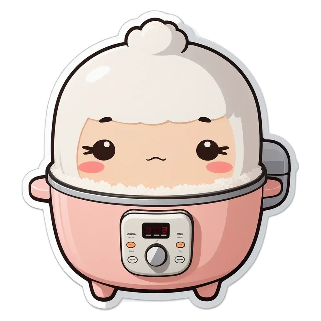 A girl facing a pressure cooker with her lips pouting.