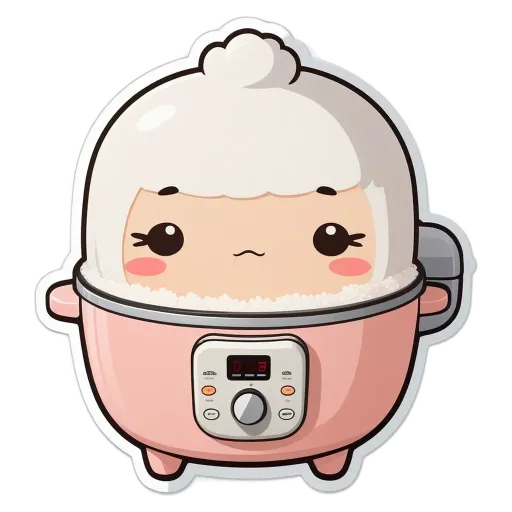 A girl facing a pressure cooker with her lips pouting.