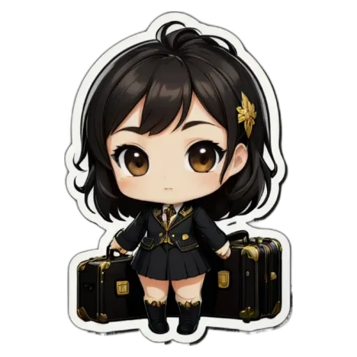 A girl wearing a black and gold school uniform and holding a suitcase.