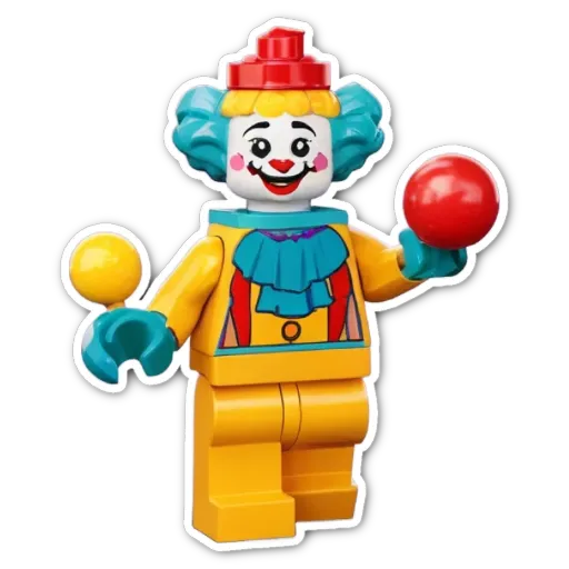 A lego clown holding a ball and maracas on a black background.