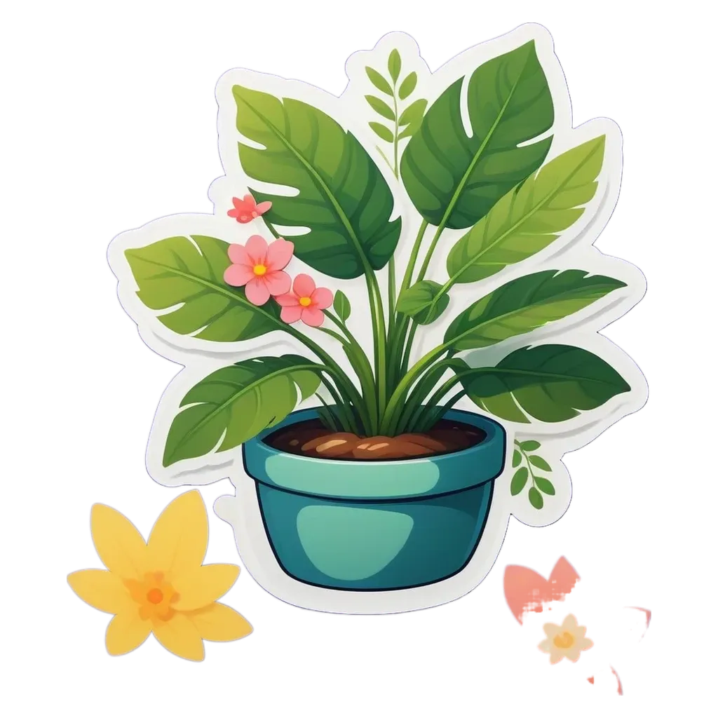 A plant in a blue pot with a sticker on it that has a yellow flower on it.