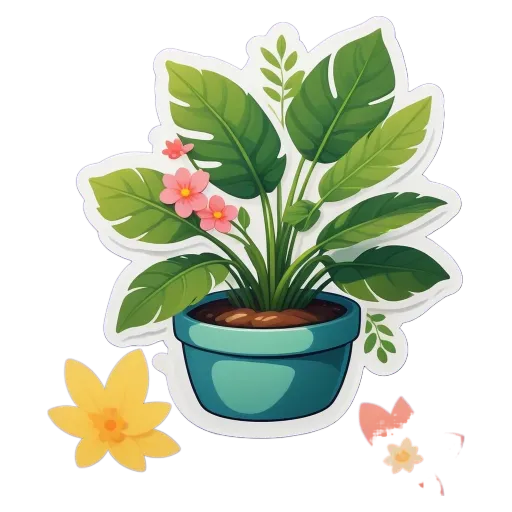 A plant in a blue pot with a sticker on it that has a yellow flower on it.