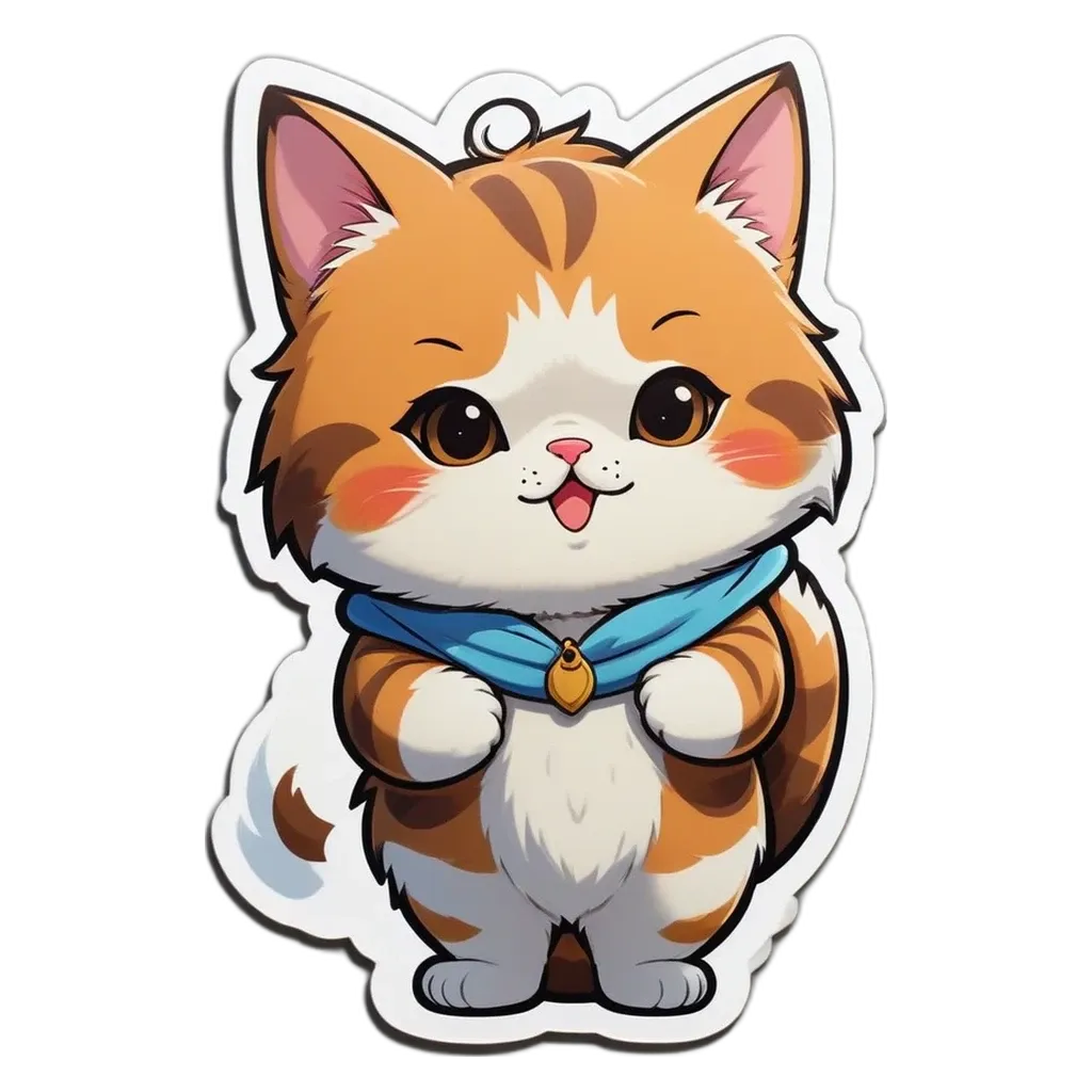 A cartoon cat with a blue scarf is standing on a white background.