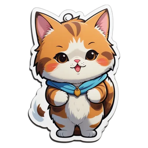 A cartoon cat with a blue scarf is standing on a white background.