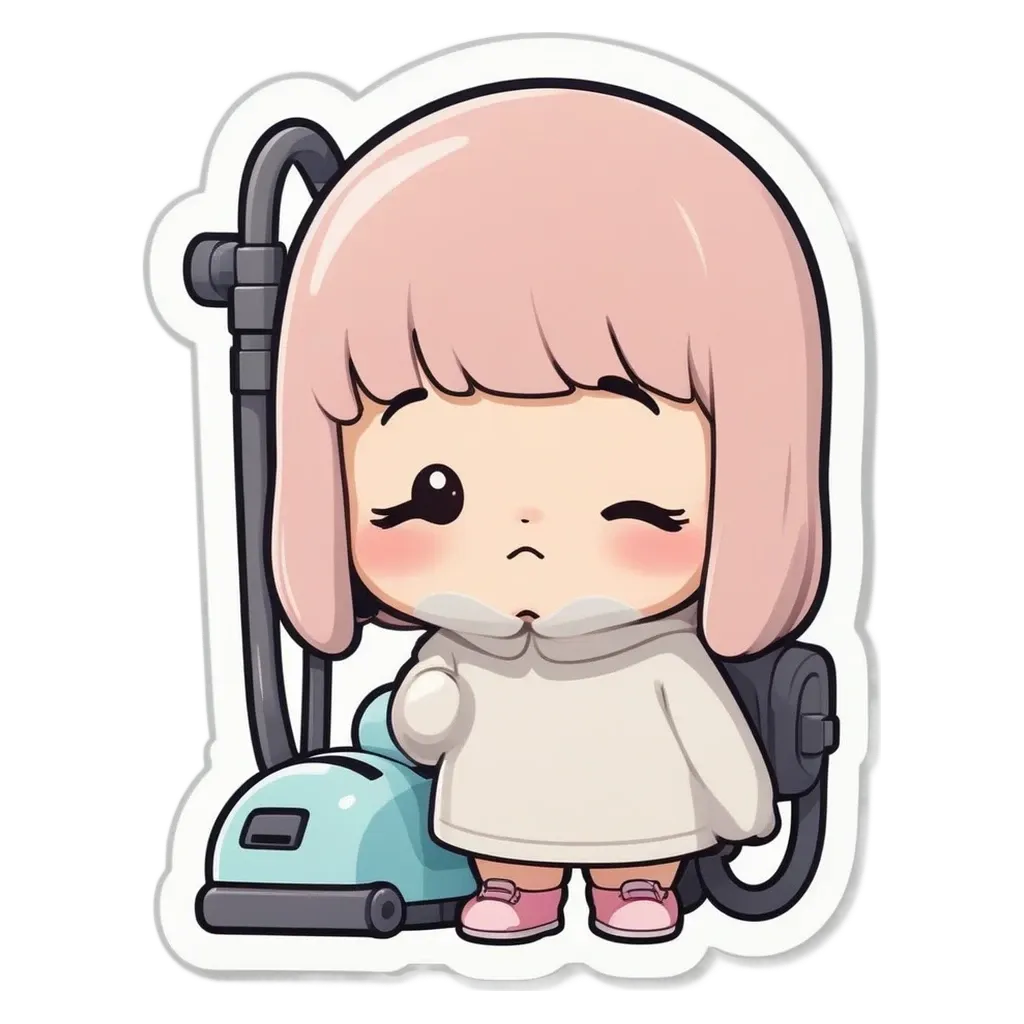 A girl is standing in front of a vacuum cleaner.