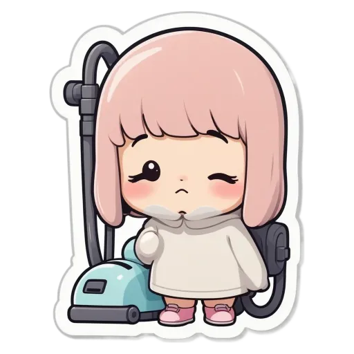 A girl is standing in front of a vacuum cleaner.