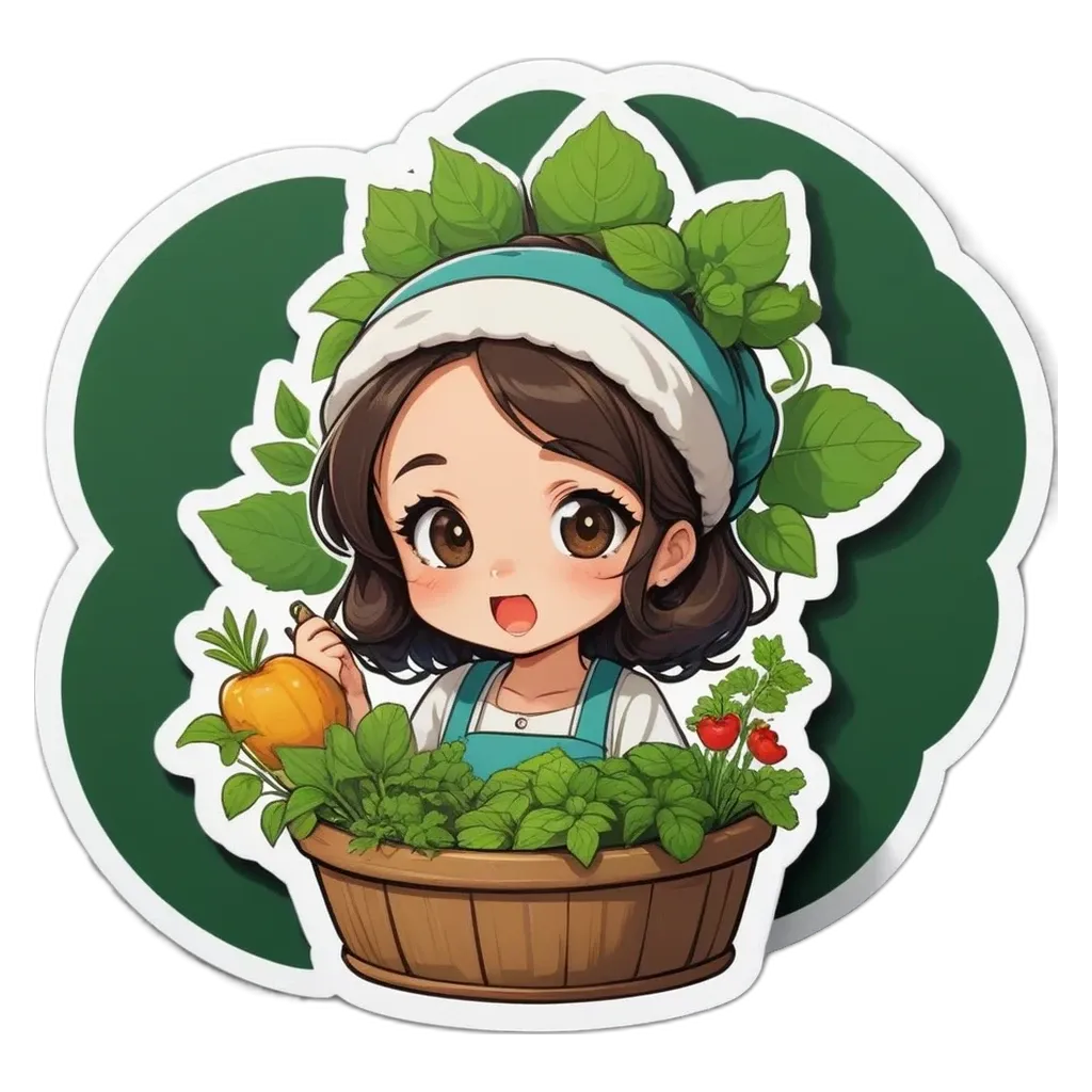 A girl is tending to her garden and is surrounded by plants and a basket.