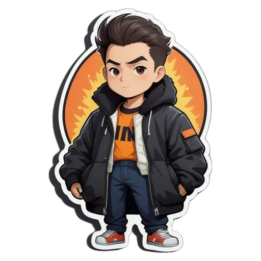 A boy wearing a black jacket and orange tshirt with white shoestrings.