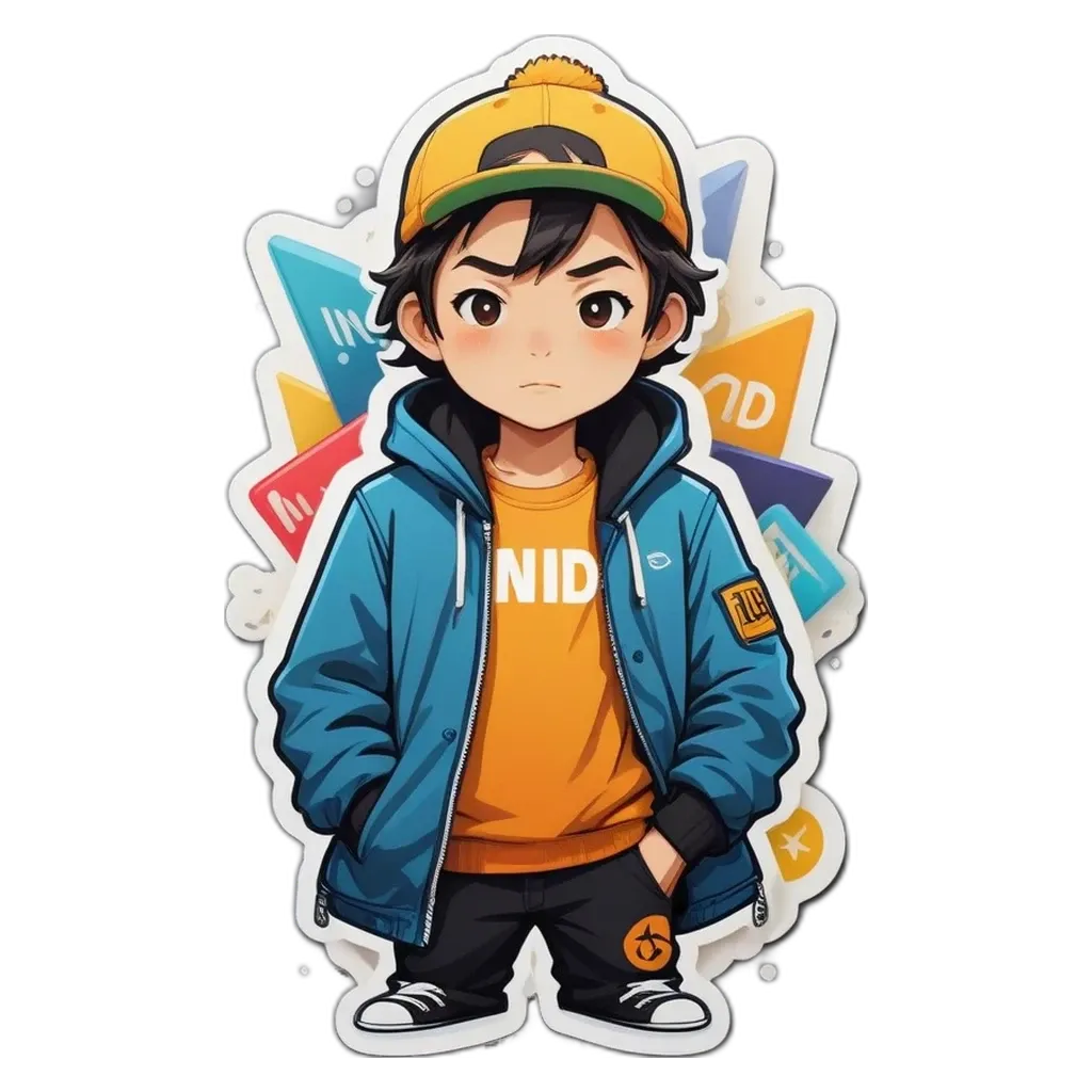 A boy wearing a blue jacket and hat with the word NID on his shirt.