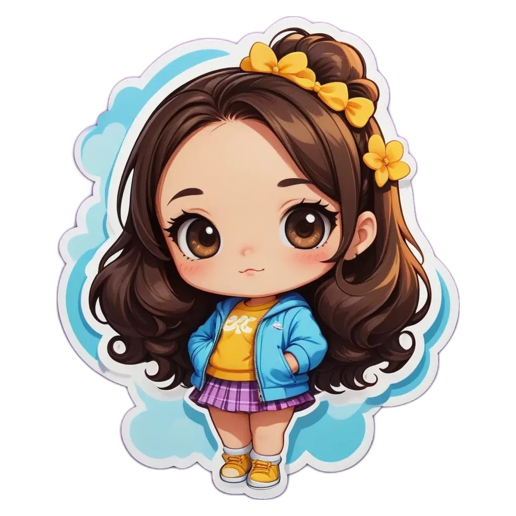 A girl with a blue jacket and yellow shirt is standing in front of a black background.