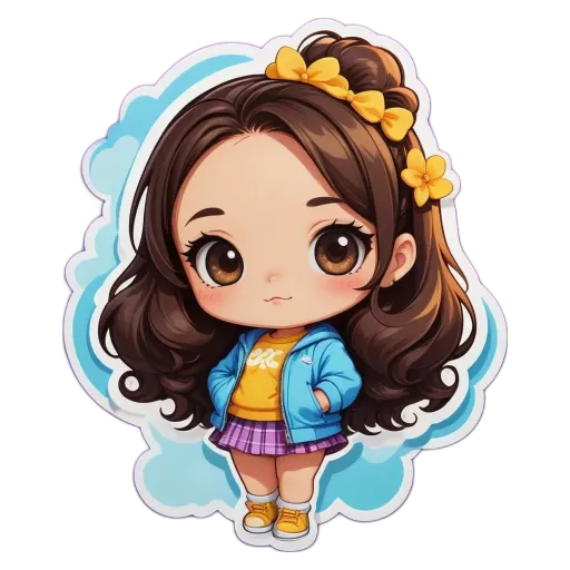 A girl with a blue jacket and yellow shirt is standing in front of a black background.