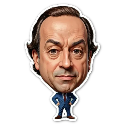 A cartoonish drawing of a man wearing a suit and standing with his hands on his hips.