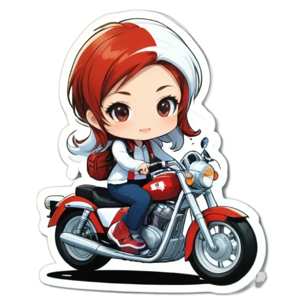 A girl riding a motorcycle in a cartoon style.