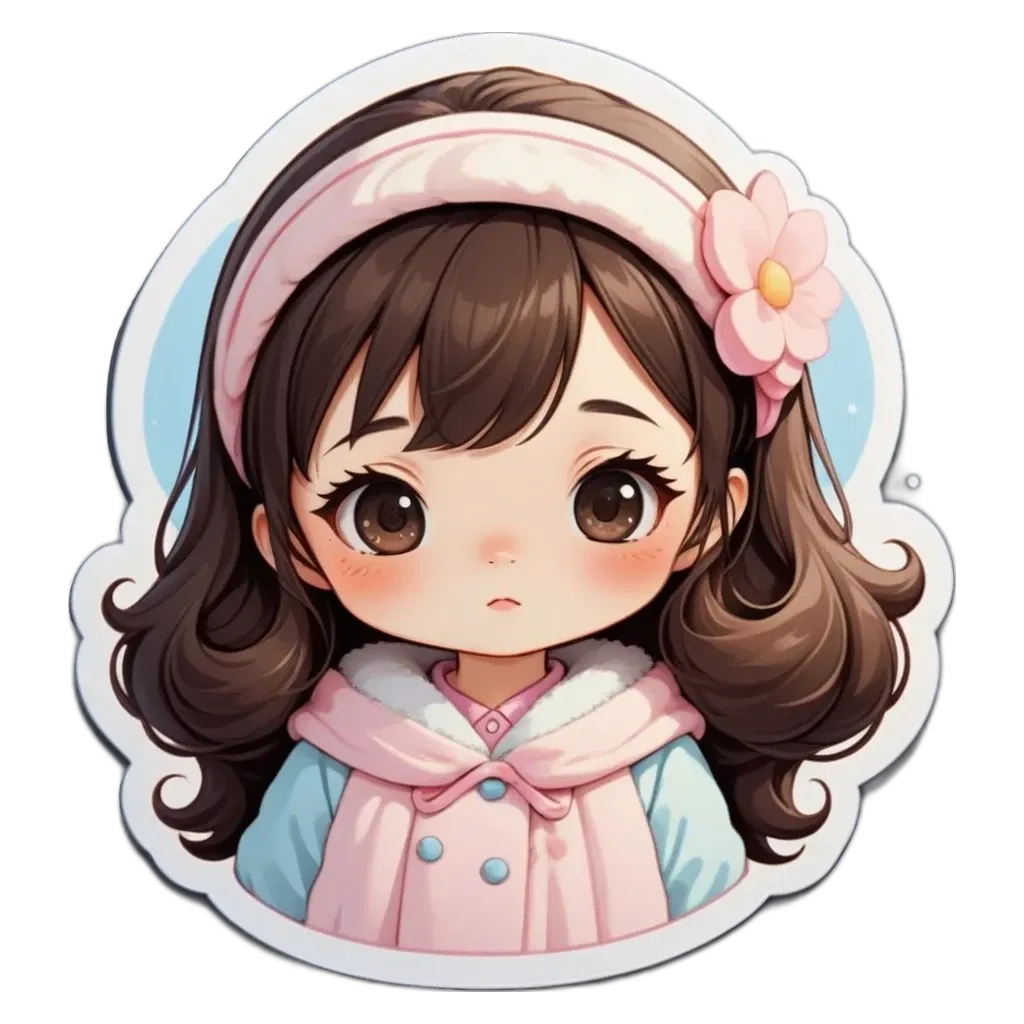 A girl with a flower on her head is looking down.