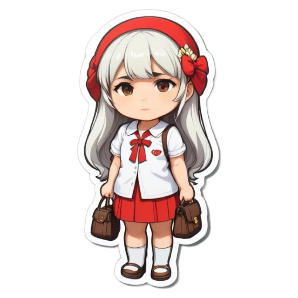 A girl wearing a red and white school uniform with a bow in her hair.