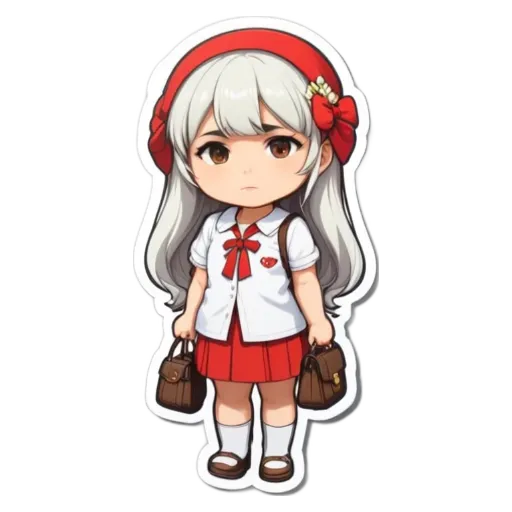 A girl wearing a red and white school uniform with a bow in her hair.