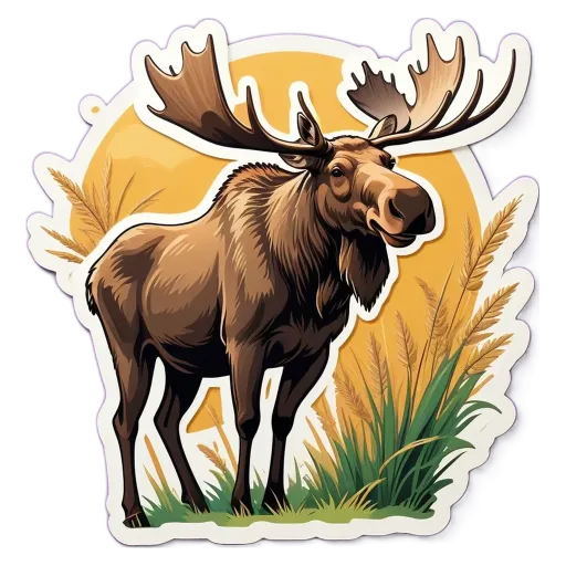 A cartoon picture of a moose with a sun in the background.