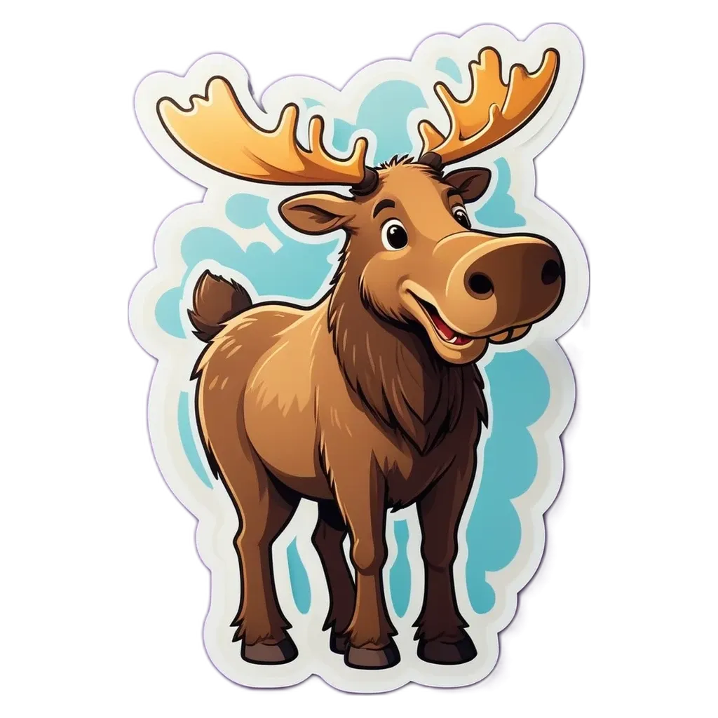 A cartoon animal sticker of a moose with a big smile.