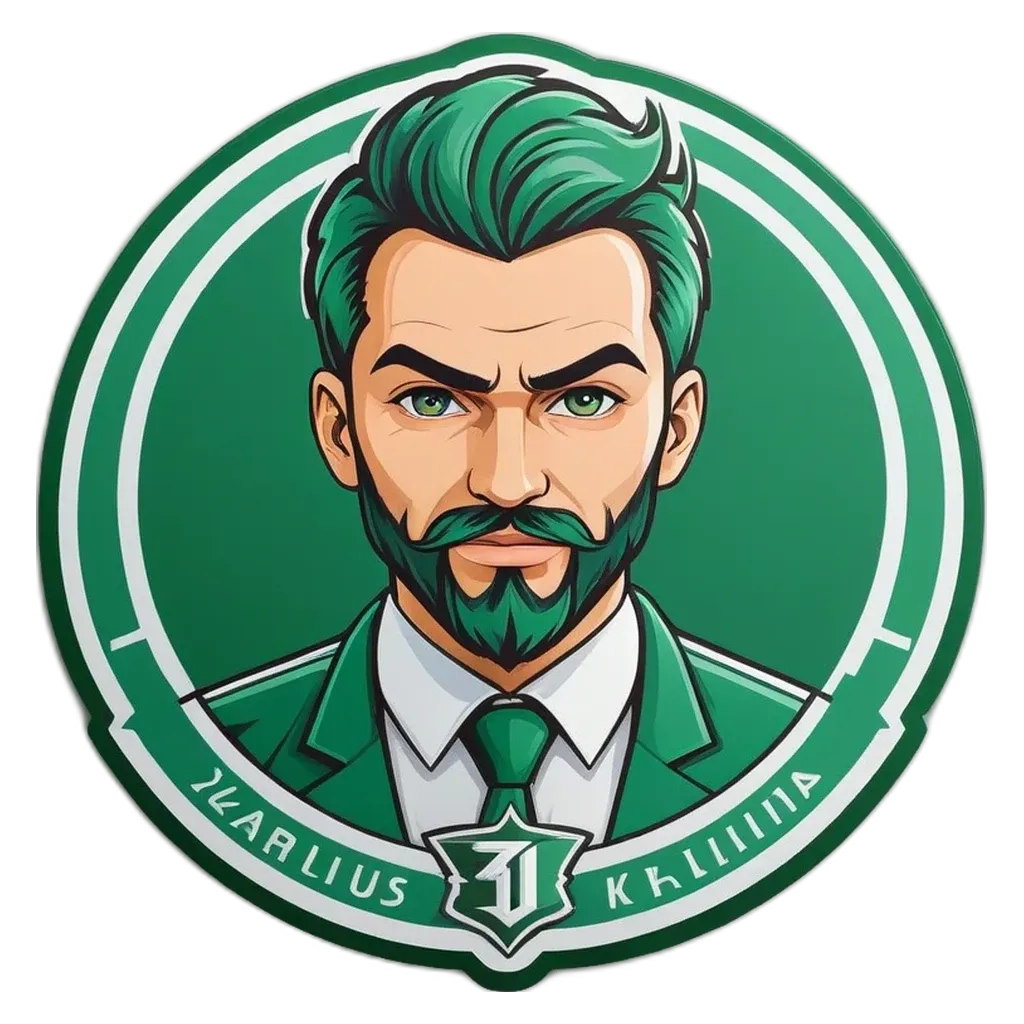 A green and white cartoon image of a man with a green beard and a white shirt.