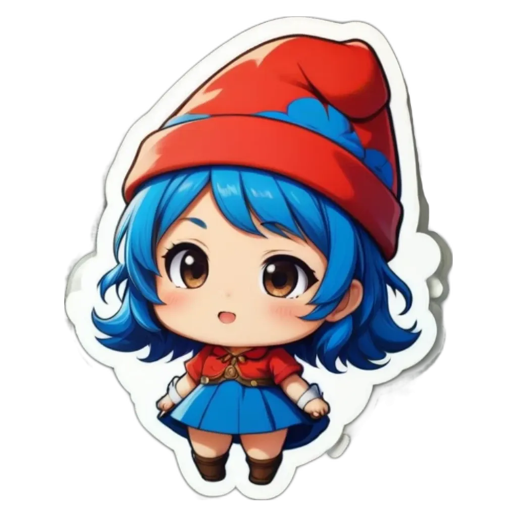 A girl with a red hat and blue dress is drawn on a sticker.