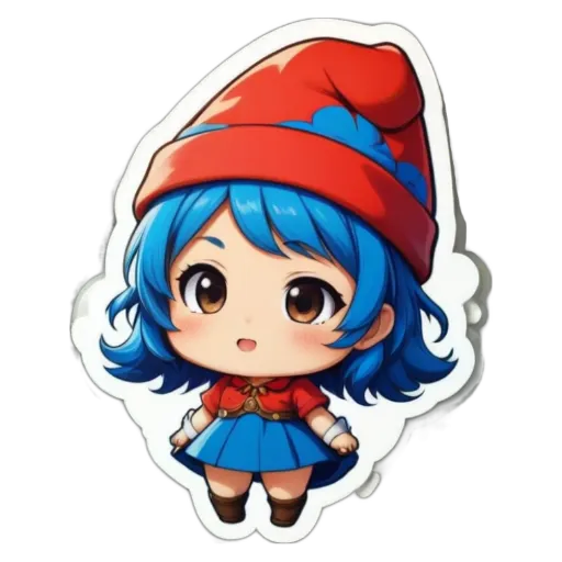 A girl with a red hat and blue dress is drawn on a sticker.