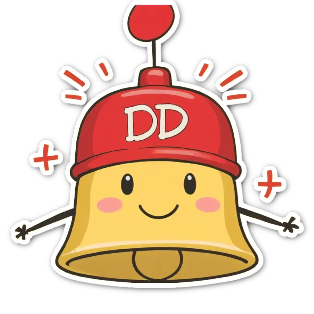 A bell with a red and white hat and the letters D and + written on it.