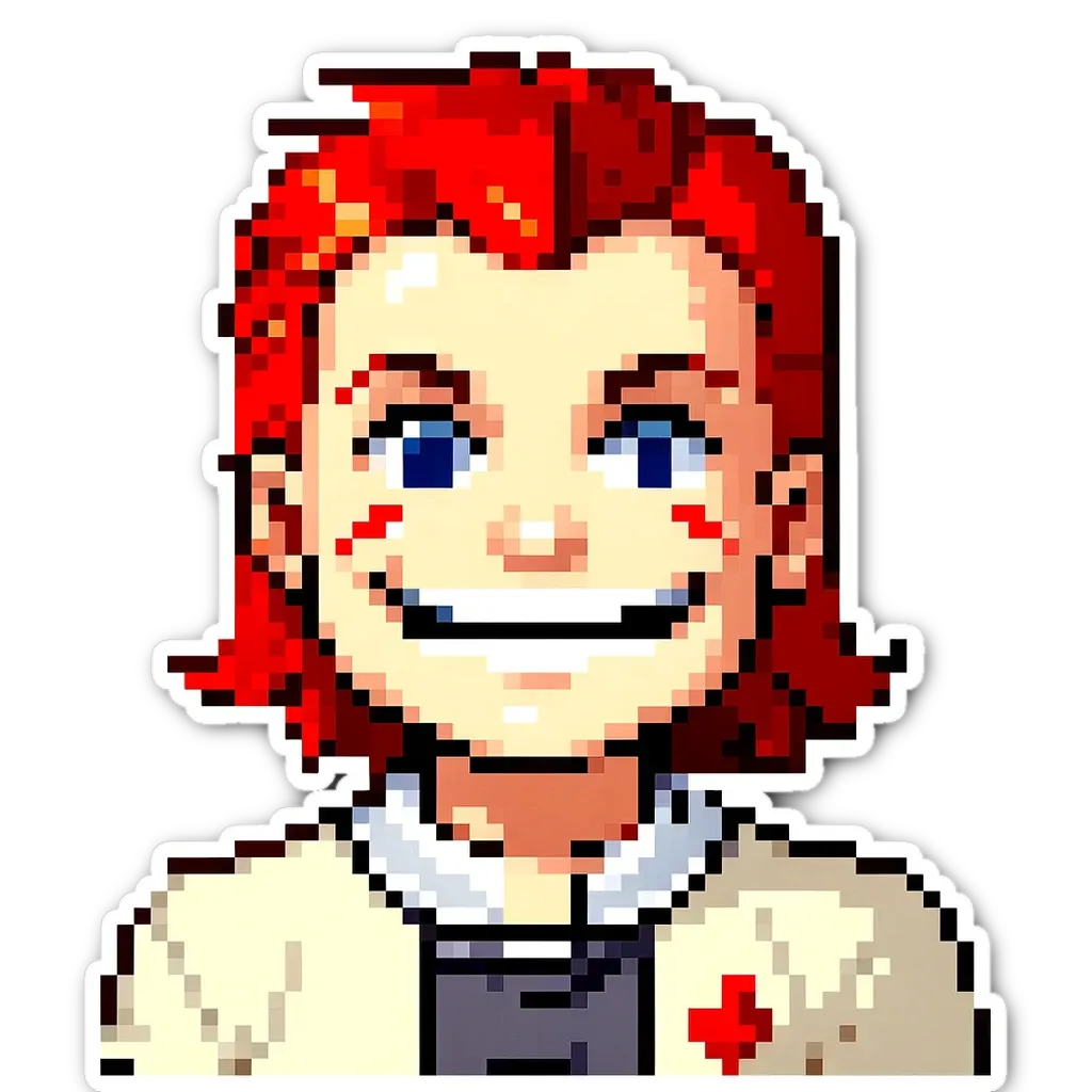 A boy with a red mane and a smile on his face.