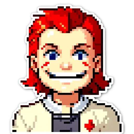 A boy with a red mane and a smile on his face.