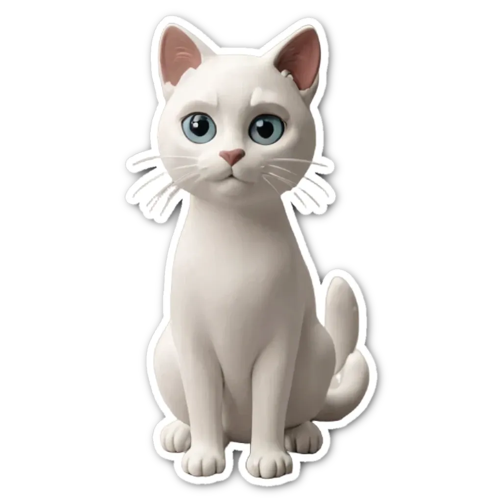 A white cat sticker in foreground with black background.
