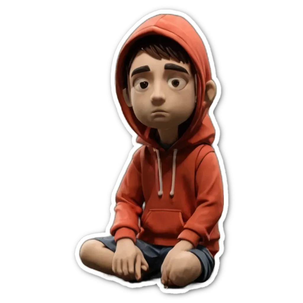 A boy is sitting down wearing a red hoodie.