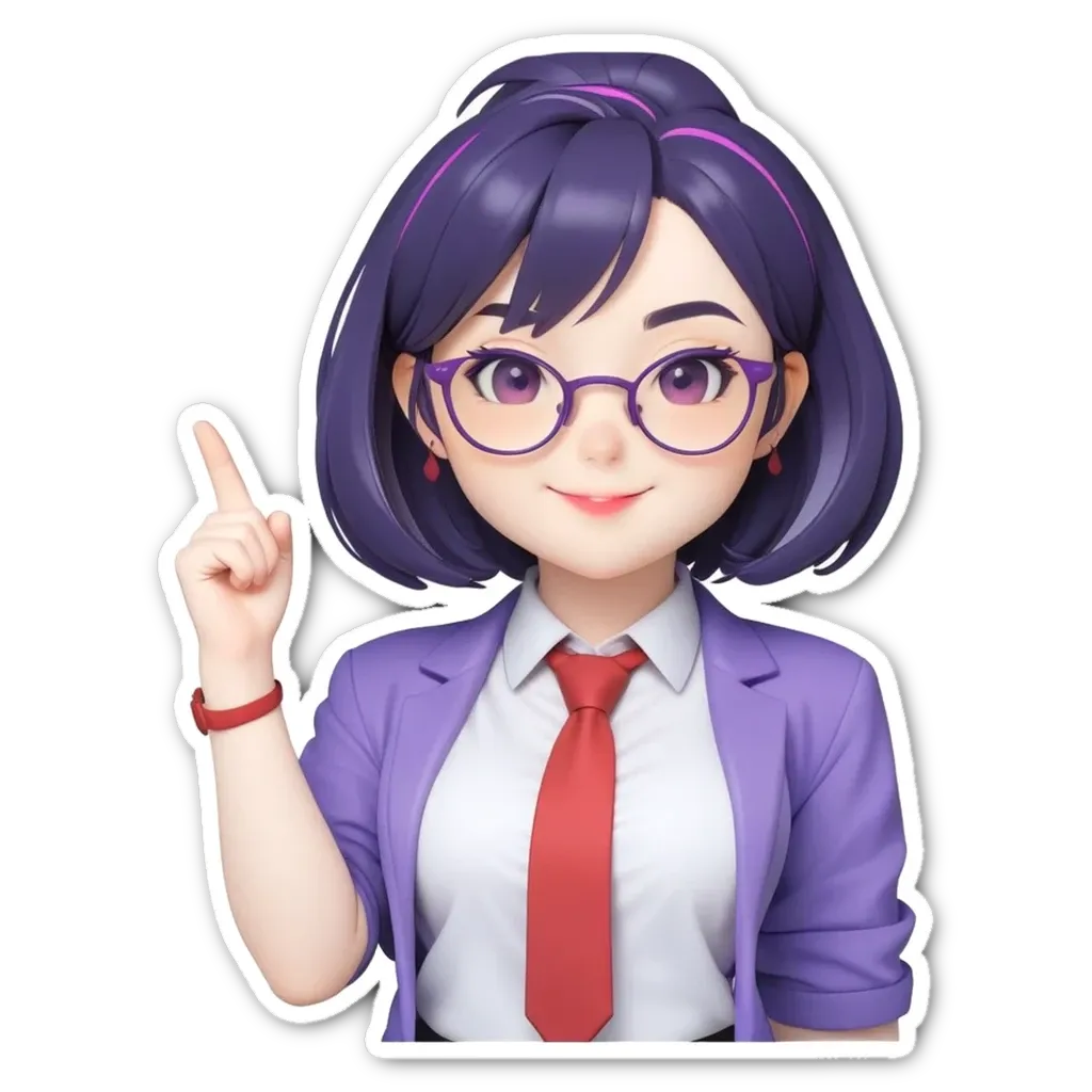 A girl wearing a purple jacket and glasses points to the left.