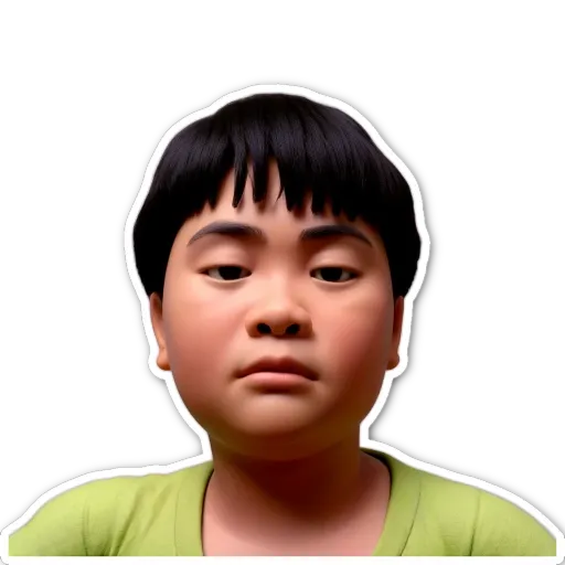 A sticker of a boy's face has a 'this is an image of' label on it.